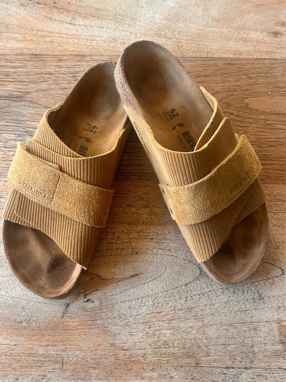 Birkenstock Camel Suede Two-Strap Slides